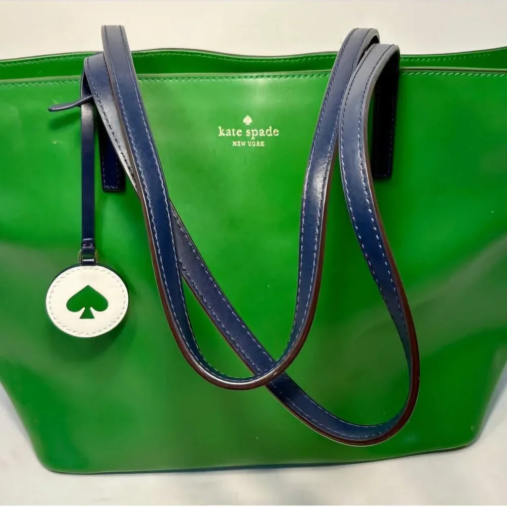 Kate Spade Tanya Tote Bag Green Leather W/ Blue Straps